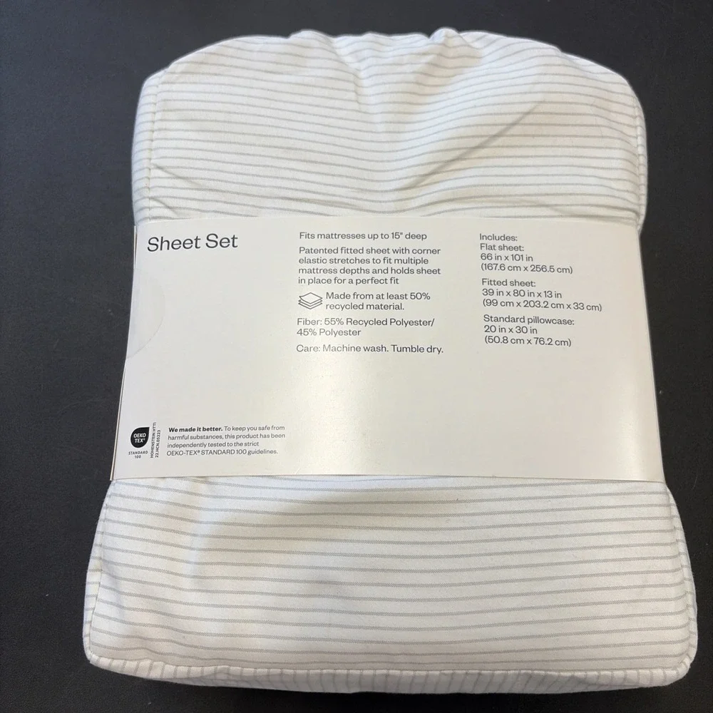 Room Essentials Twin Or XL Twin Size Bed Sheet Set, White W Gray Stripes 20614